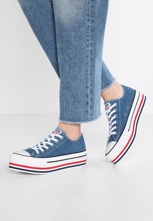 Niebieskie tenisówki na platformie z białymi sznurowadłami i paskowymi, czerwono-biało-niebieskimi podeszwami noszone z krótkimi niebieskimi dżinsami.