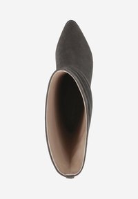 Gray suede ankle boot with a pointed toe, smooth inner lining, and subtle pleats at the top edge, showing a sleek design.
