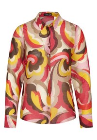 Camisa de manga larga de botones en una tela ligera con un vibrante patrón de remolino multicolor. Presenta un cuello clásico y detalles de botones.