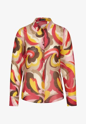 Camisa de manga larga de botones en una tela ligera con un vibrante patrón de remolino multicolor. Presenta un cuello clásico y detalles de botones.