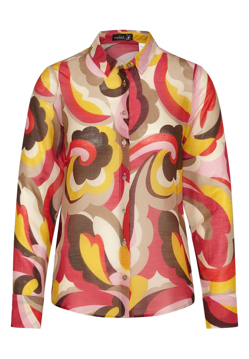 Camisa de manga larga de botones en una tela ligera con un vibrante patrón de remolino multicolor. Presenta un cuello clásico y detalles de botones.