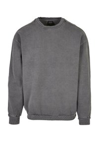 Sudadera gris de cuello redondo con puños y dobladillo acanalados, que presenta una tela texturizada y un diseño simple y minimalista. Sin gráficos ni patrones.