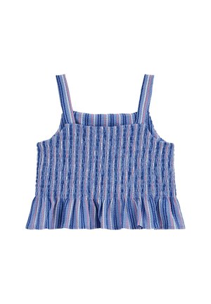 Modro-ružový pruhovaný bezrukávový crop top so záhybmi, volánovým lemom a širokými ramienkami, položený na bielom pozadí.