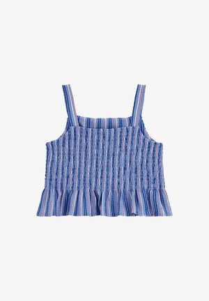 Top corto smockato senza maniche a righe blu e rosa, orlo arricciato e spalline larghe, disteso su sfondo bianco.