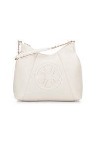 Witte leren handtas met een ronde reliëfdesign en een gouden kettingriem. De tas heeft een zachte textuur en een gestructureerde vorm.