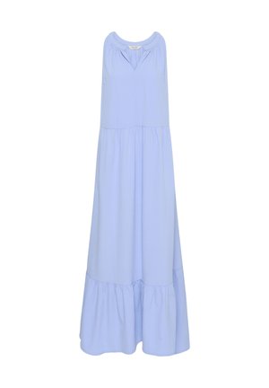 Jasnoniebieska sukienka maxi bez rękawów z dekoltem w serek i marszczonym, warstwowym dołem, wykonana z lekkiego materiału.