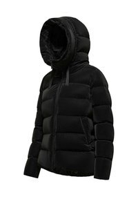 Giubbotto invernale nero con cappuccio aderente, design trapuntato e polsini elasticizzati. Presenta una zip frontale e una texture liscia e raffinata.