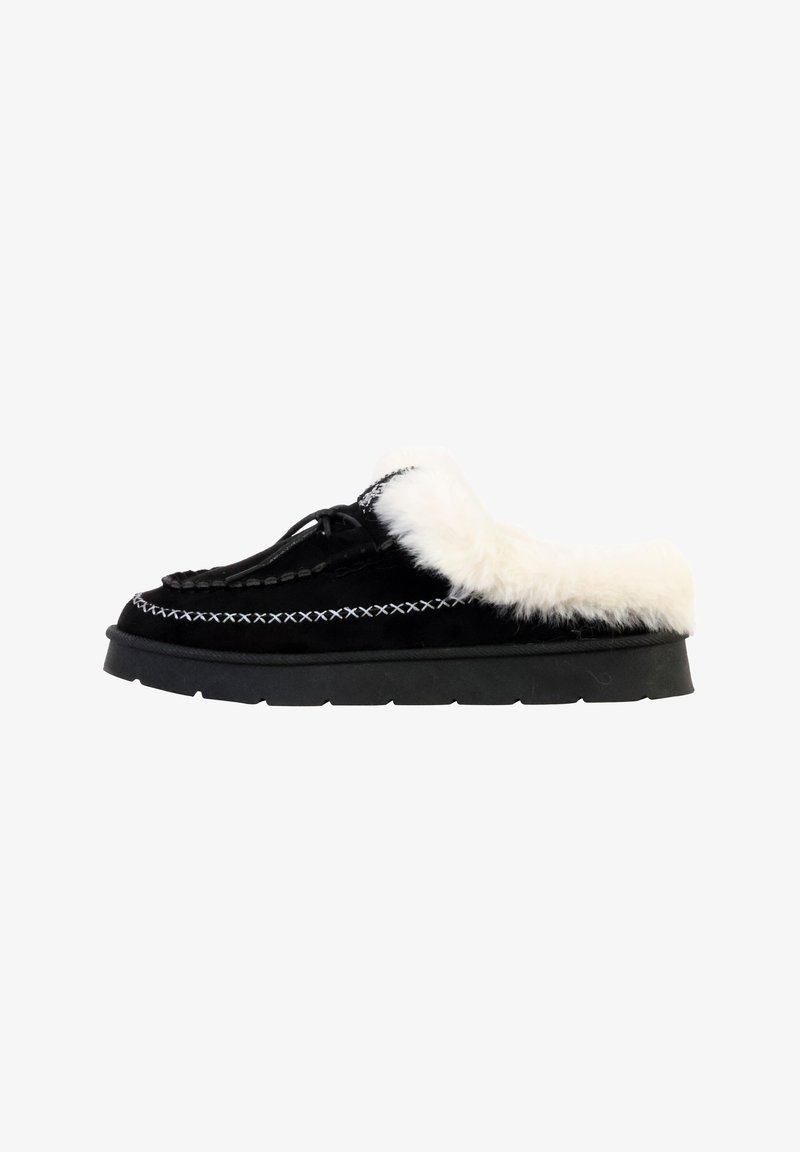 Pantoufle en suède noir avec un bord en fourrure blanche, dessus texturé, couture décorative et semelle en caoutchouc pour une bonne adhérence et durabilité.