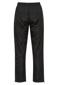 Svarta träningsbyxor gjorda av glatt, lättviktsmaterial. Har ett elastiskt midjeband och avsmalnande ben med dragkedjor vid bensluten.