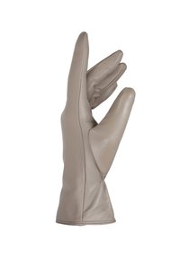 Gant en cuir beige au design ajusté, légèrement froncé au poignet, et avec trois doigts articulés, améliorant la dextérité et la prise.