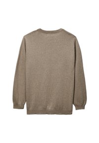 Pull en maille marron, col rond, manches longues, poignets et ourlet côtelés, texture douce, design simple, sans motifs ni accents visibles.