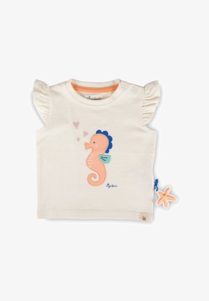 Cremefarbenes Babyshirt mit Rüschenärmeln, einer rosa-blauen Seepferdchen-Applikation, pinken Herzen und einem seitlich angebrachten, hängenden Seestern-Spielzeug.