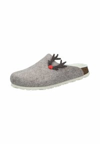 Gray felt slip-on slipper with white sole, faux fur lining, and decorative brown antlers with a red nose on the side.