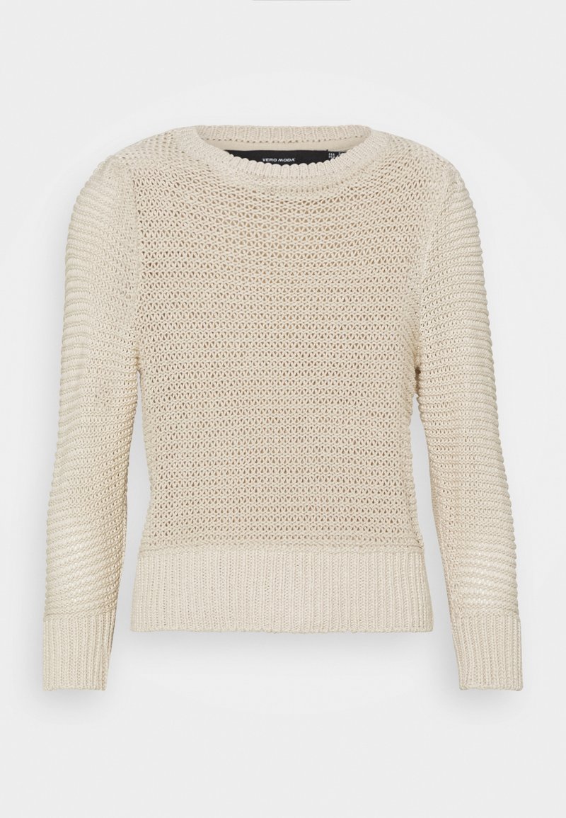 Pull en tricot couleur crème avec manches longues, col rond et poignets et ourlet côtelés, présenté sur un fond blanc uni.