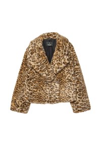Leopardenmuster Faux-Fur-Mantel mit einem Schalkragen, doppelter Knopfleiste und verkürztem Design, das eine weiche Textur bietet.