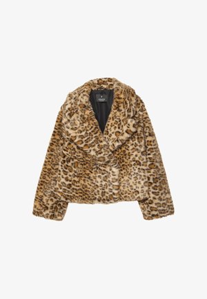 Leopardmönstrad fuskpälsjacka med sjalkrage, dubbelknäppt front och kort design med en mjuk textur.
