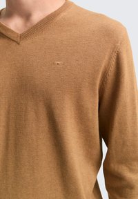 Pullover mit V-Ausschnitt in einem warmen Braunton, aus leichtem Strickstoff gefertigt. Mit einem dezenten Logo auf der Brust und Rippdetails am Ausschnitt.