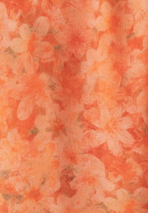 Orange fabric with a floral pattern, featuring soft, overlapping flowers in lighter shades. Smooth texture with a slightly glossy finish.