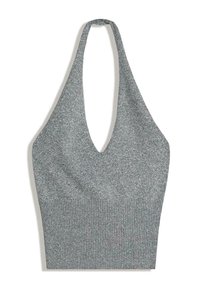 Šedý crop top s halter náhrdelníkom a hlbokým V-výstrihom, vyrobený z jemnej textúrovanej látky, s rebrovaným pruhom na spodnej časti.