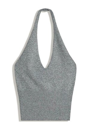 Halter neck grey crop top with a deep V-neckline, made from a soft, textured fabric, featuring a ribbed band at the bottom.