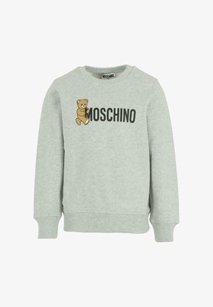 Felpa grigia realizzata in misto cotone. Presenta una grafica di un orso e il logo "MOSCHINO" in nero. Maniche e orlo a coste. Collo rotondo.