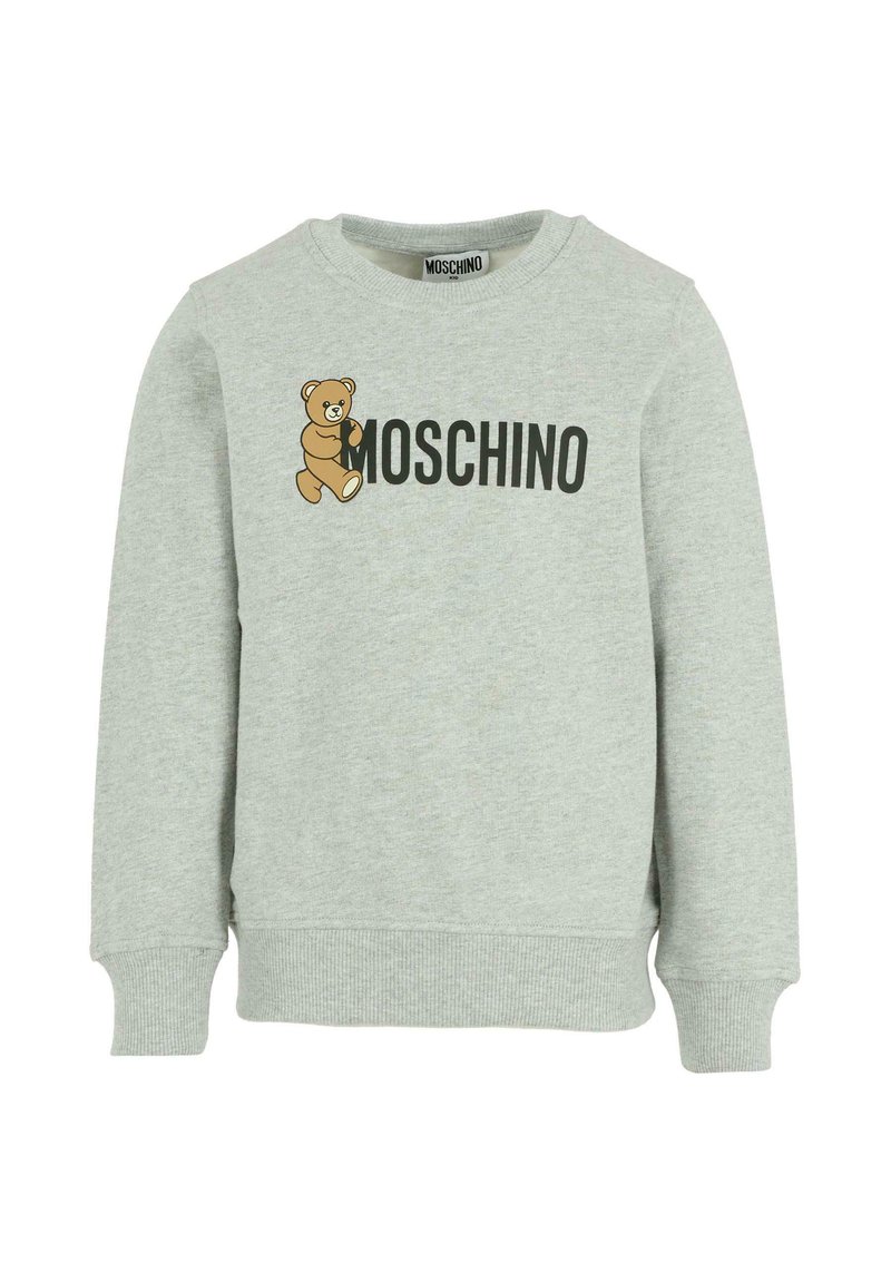 Felpa grigia realizzata in misto cotone. Presenta una grafica di un orso e il logo "MOSCHINO" in nero. Maniche e orlo a coste. Collo rotondo.
