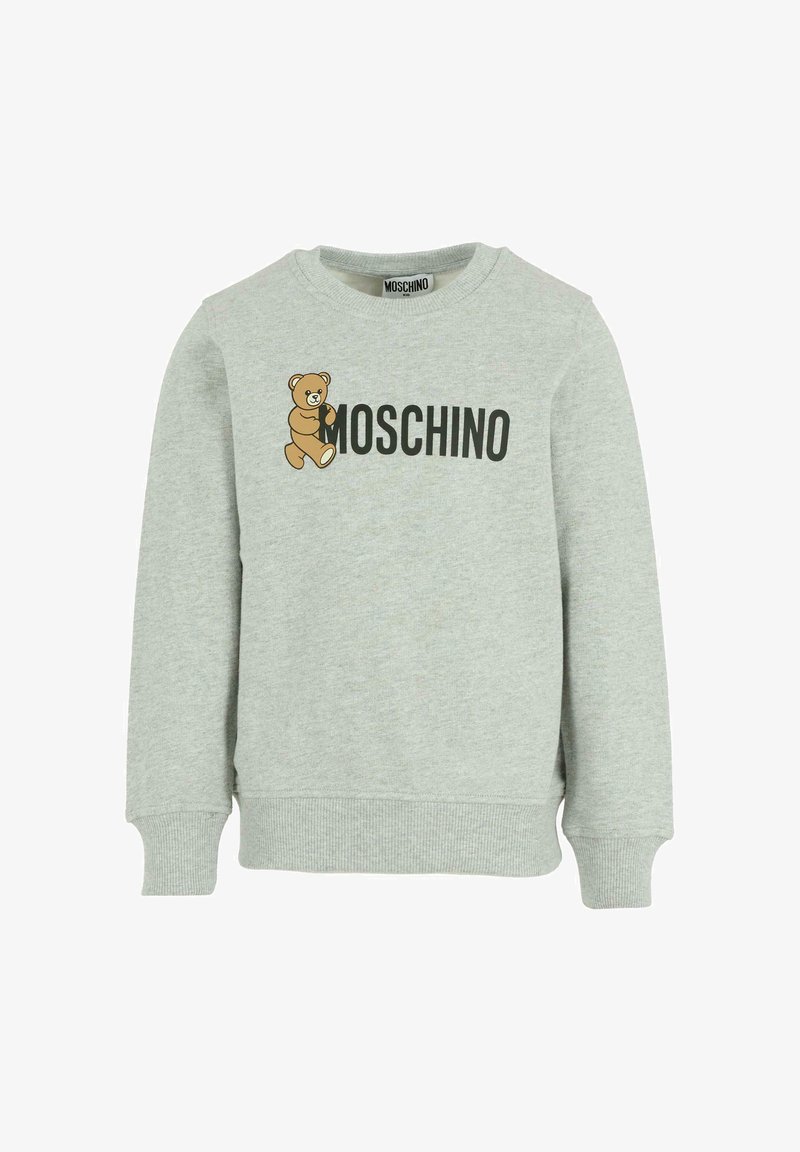 Felpa grigia realizzata in misto cotone. Presenta una grafica di un orso e il logo "MOSCHINO" in nero. Maniche e orlo a coste. Collo rotondo.