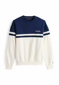 Felpa crewneck navy e crema con design a strisce orizzontali, dotata di logo ricamato e polsini e orlo a coste. Tessuto morbido in misto cotone.