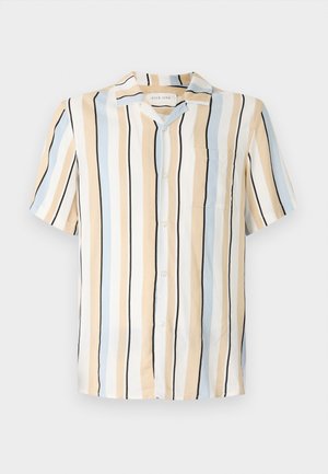 Kortermet skjorte i beige, lyseblå og svarte vertikale striper. Har krage og en brystlomme med knappelukking.