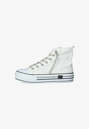High-top white canvas sneaker with silver eyelets and laces, featuring a rubber toe cap and black-striped platform sole. Accented with frayed edges.
