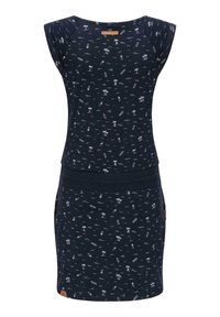 Marinblå klänning med korta ärmar som har ett mönster av palmträd och surfbrädor. Tillverkad av mjukt tyg med en figurnära midja och rak kjol.