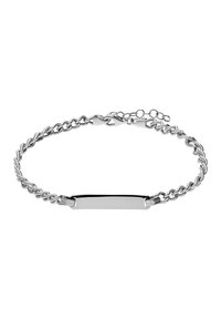 Silver bracelet featuring a twisted chain design with a rectangular, polished plate in the center for engraving, secured with a clasp.