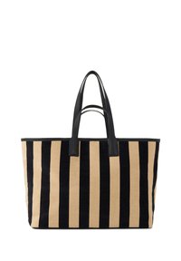 Borsa a tracolla a strisce con strisce alternate nere e beige, manici in pelle nera e forma rettangolare strutturata.
