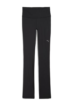 Leggings de sport noirs en tissu extensible avec une large ceinture et un logo discret sur la jambe gauche. Texture lisse, longueur complète.