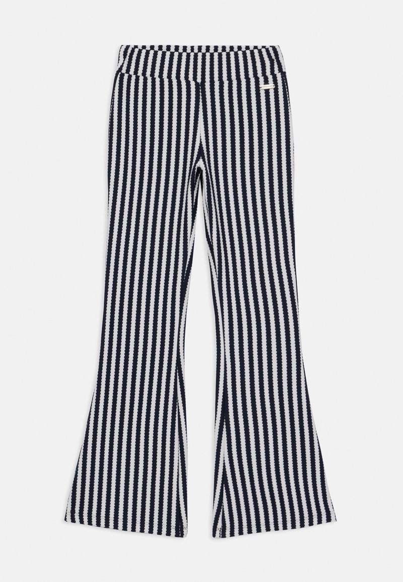 Pantalons évasés rayés en bleu marine et blanc. Fabriqués à partir d'un tissu doux, avec une taille ajustée et une bande élastique, ainsi que des ourlets évasés.