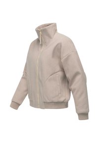 Beige zip-up jack met zachte stof, voorzien van een hoge kraag, ronde zoom en zijzakken. Gladde textuur met geribbelde manchetten.