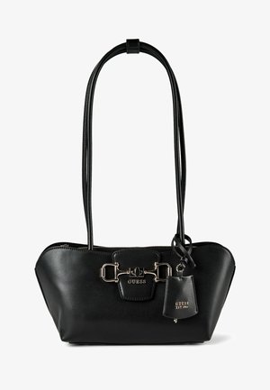 Borsa Guess in pelle nera con doppi manici a spalla, dettaglio con fibbia argento e targhetta attaccata con il nome del brand e l'anno di fondazione impresse.