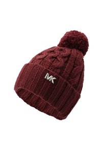 Czapka robiona na drutach w ciemnym burgundzie z fakturowanym wzorem w warkocze, ściągaczem oraz pomponem na górze. Posiada srebrny akcent z logo.