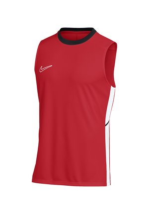 Rød ærmeløs sportstrøje med sort rund hals og hvide sidelængder med en lille hvid Nike Swoosh-logo på brystet.