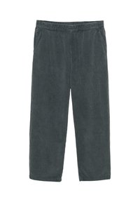 Tmavohnedé kordové nohavice s elastickým pásom, majúce bočné vrecká a široký strih nohavíc. Textúrovaná látka s vertikálnymi prúžkami.