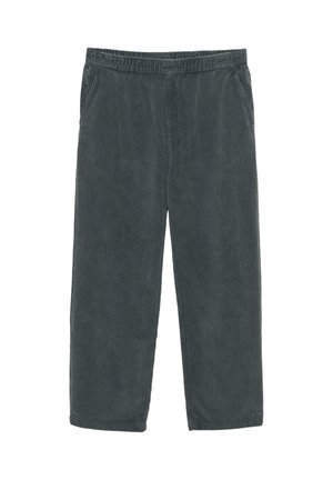 Pantaloni in corduroy grigio scuro con vita elastica, dotati di tasche laterali e design a gamba larga. Tessuto testurizzato con righe verticali.