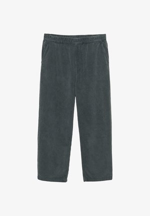 Dunkelgraue Cordhosen mit elastischem Bund, seitlichen Taschen und weitem Bein. Textilstoff mit vertikalen Rillen.