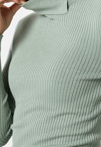 Ribbed turtleneck sweater in mint green, featuring a fitted silhouette and textured fabric. Close-up detail highlights the soft, stretchy material.