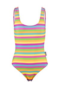 Eén-delig badpak van rekbare stof, met horizontale strepen in roze, paars, groen, geel en blauw. Ronde hals en bandjes.