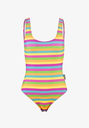 Einteiliger Badeanzug aus dehnbarem Gewebe mit horizontalen Streifen in Pink, Lila, Grün, Gelb und Blau. Rundhalsausschnitt und Träger.
