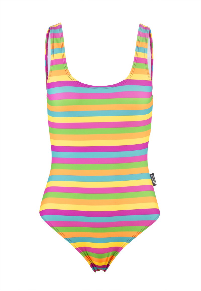 Eén-delig badpak van rekbare stof, met horizontale strepen in roze, paars, groen, geel en blauw. Ronde hals en bandjes.
