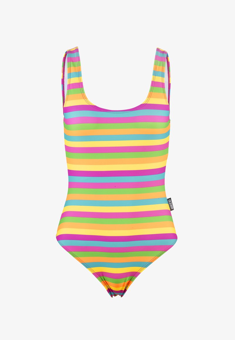 Eén-delig badpak van rekbare stof, met horizontale strepen in roze, paars, groen, geel en blauw. Ronde hals en bandjes.
