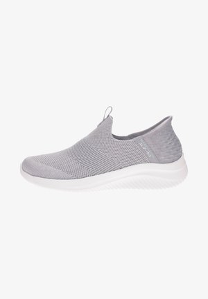 Gray slip-on sneakers featuring a breathable mesh upper, elastic collar, and a textured white rubber sole with a wave pattern.