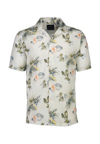 Camisa de manga corta hecha de tela ligera, con un fondo blanco y un patrón floral en verdes, melocotones y azules. Diseño de botón.