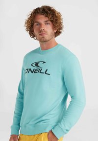 Lichtblauwe sweatshirt gemaakt van zachte stof, met een groot zwart "O'Neill" logo over de borst en ribgebreide manchetten en onderrand.
